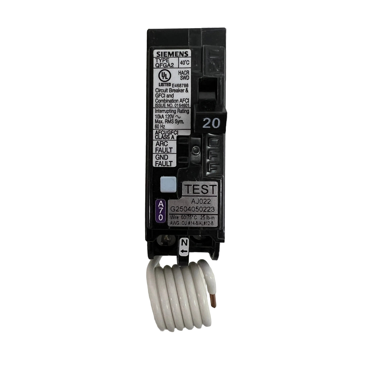 Siemens - Q120DF 1P 20A Plug-in Pigtail Neutral - NEW - Dual Function (AFCI/GFCI) Circuit Breaker