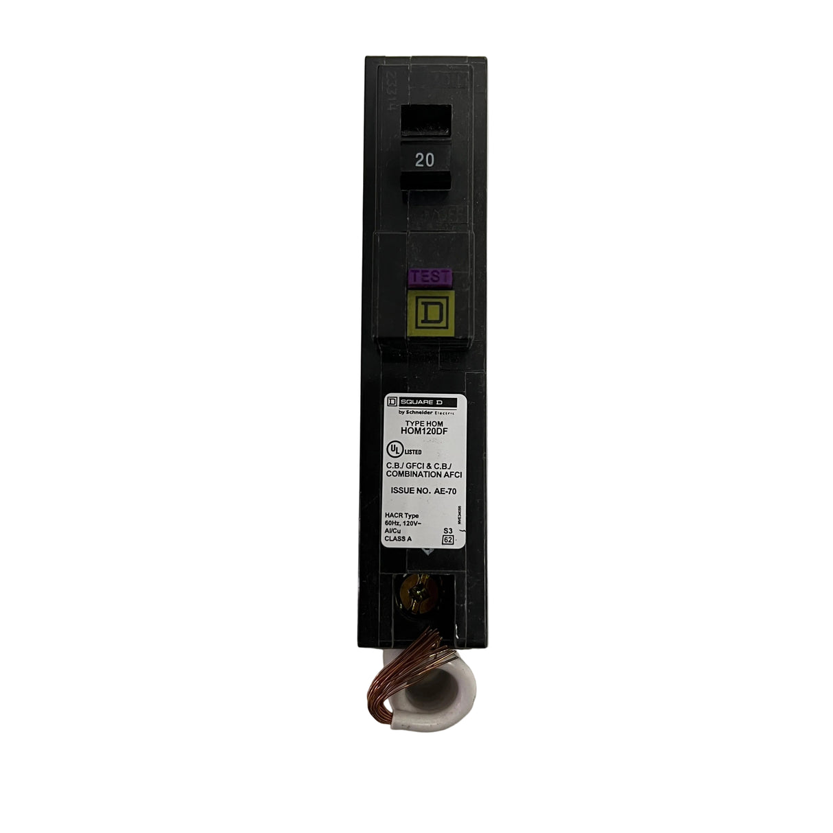 Square D - HOM120DF 1P 20A Homeline Plug-in Pigtail Neutral - NEW - Dual Function (GF/AF) Circuit Breaker