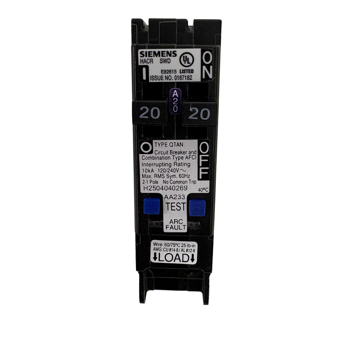 Q2020AFCN, 20A/20A, 120V, Twin (Tandem) Plug-In Circuit Breaker, Combination Type AFCI, 10kA