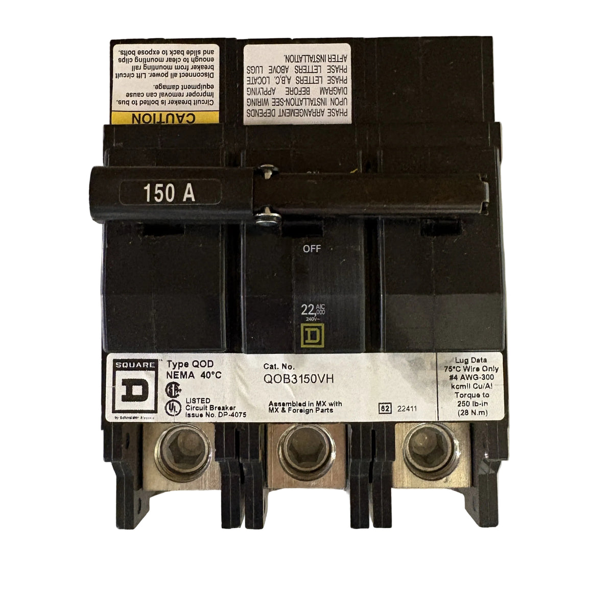 Square D QOB3150VH 3-Pole 150 Amp QOB Bolt-On Main Circuit Breaker 120/240V - NEW