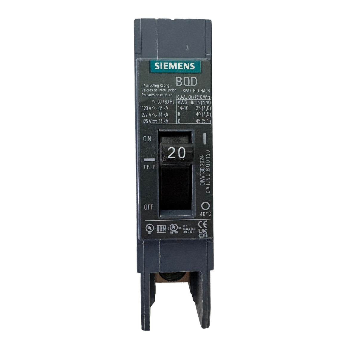 Siemens BQD120 20 Amp Single-Pole - NEW- Circuit Breaker - 277VAC, 14kA, Bolt-On, UL Listed
