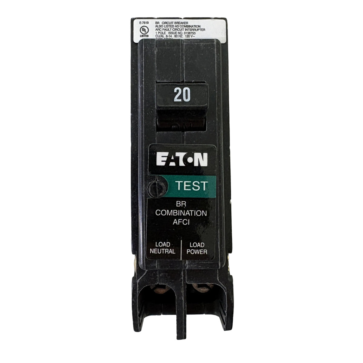 An Eaton 20A test combination AFCI circuit breaker in black plastic, shown vertically against a plain white background.
