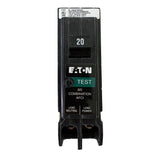 An Eaton 20A test combination AFCI circuit breaker in black plastic, shown vertically against a plain white background.
