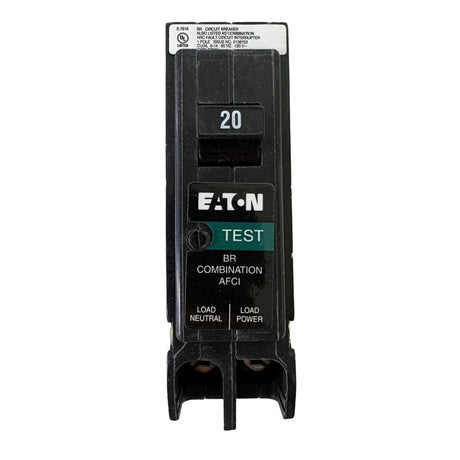 An Eaton 20A test combination AFCI circuit breaker in black plastic, shown vertically against a plain white background.
