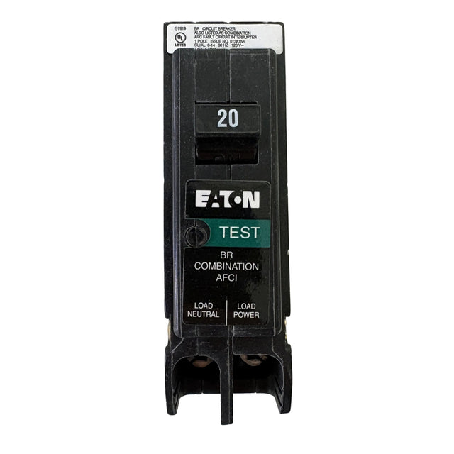 An Eaton 20A test combination AFCI circuit breaker in black plastic, shown vertically against a plain white background.