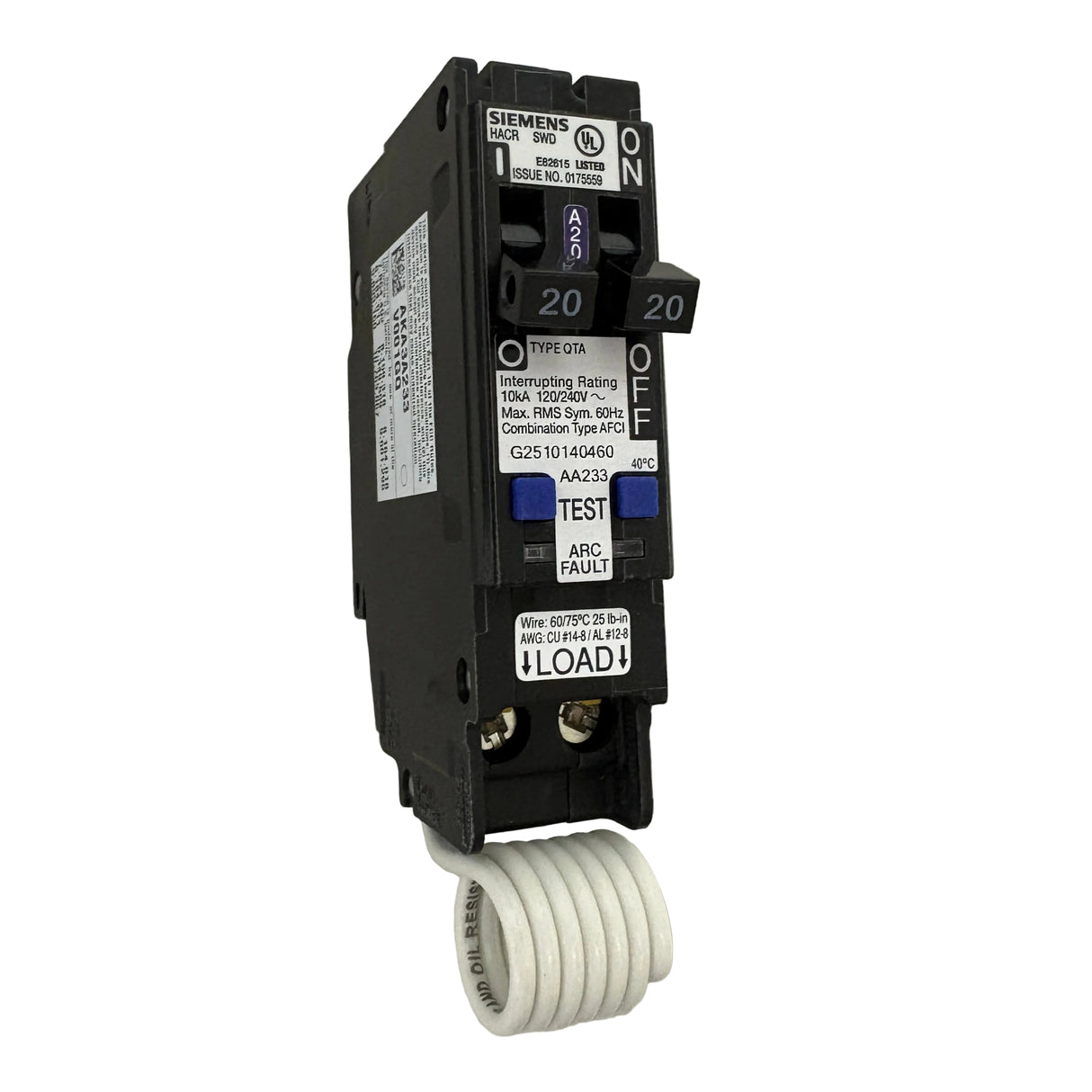 Siemens Q2020AFC 20A/20A 120V Twin Tandem Plug-In AFCI Circuit Breaker
