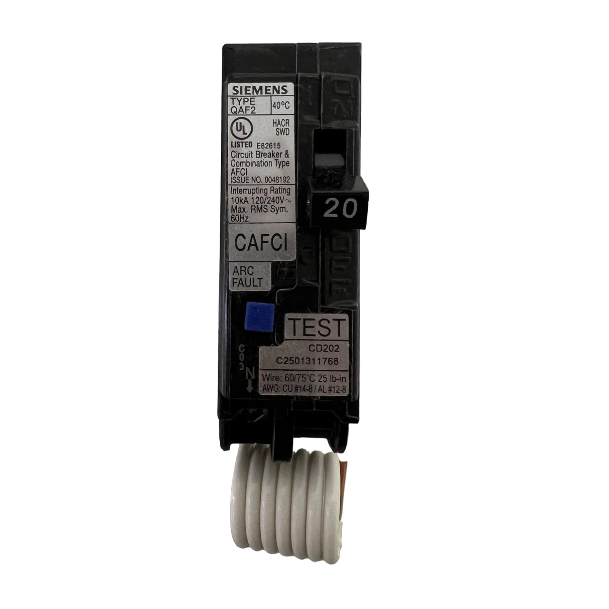Siemens - QA120AFC 1P 20A Plug-in with Pigtail Neutral- NEW - Arc Fault Circuit Breaker
