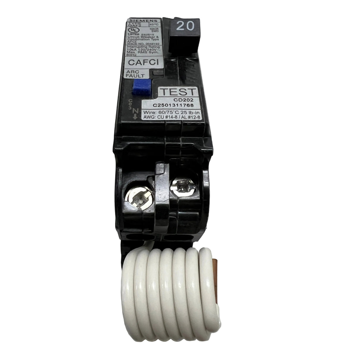 Siemens - QA120AFC 1P 20A Plug-in with Pigtail Neutral- NEW - Arc Fault Circuit Breaker
