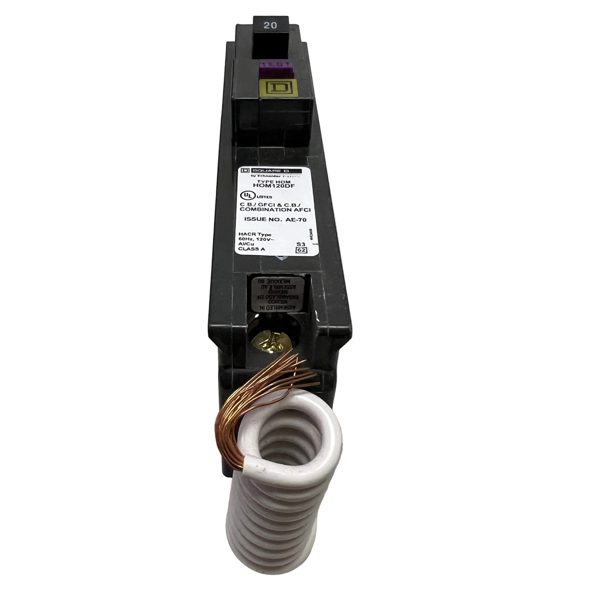 Square D - HOM120DF 1P 20A Homeline Plug-in Pigtail Neutral - NEW - Dual Function (GF/AF) Circuit Breaker
