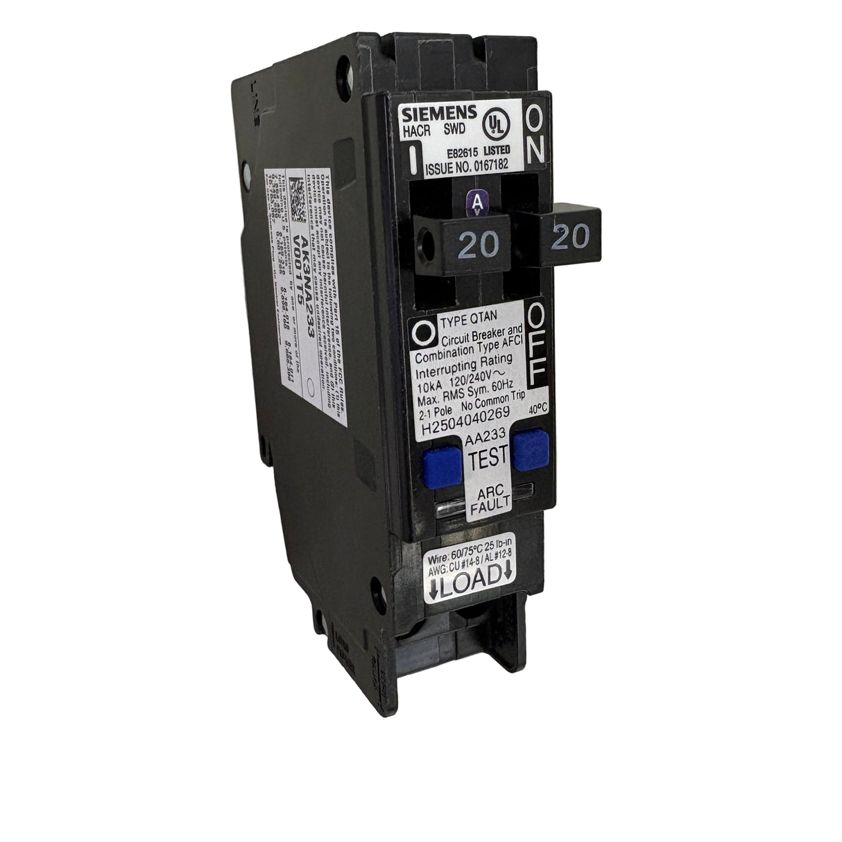 Q2020AFCN, 20A/20A, 120V, Twin (Tandem) Plug-In Circuit Breaker, Combination Type AFCI, 10kA
