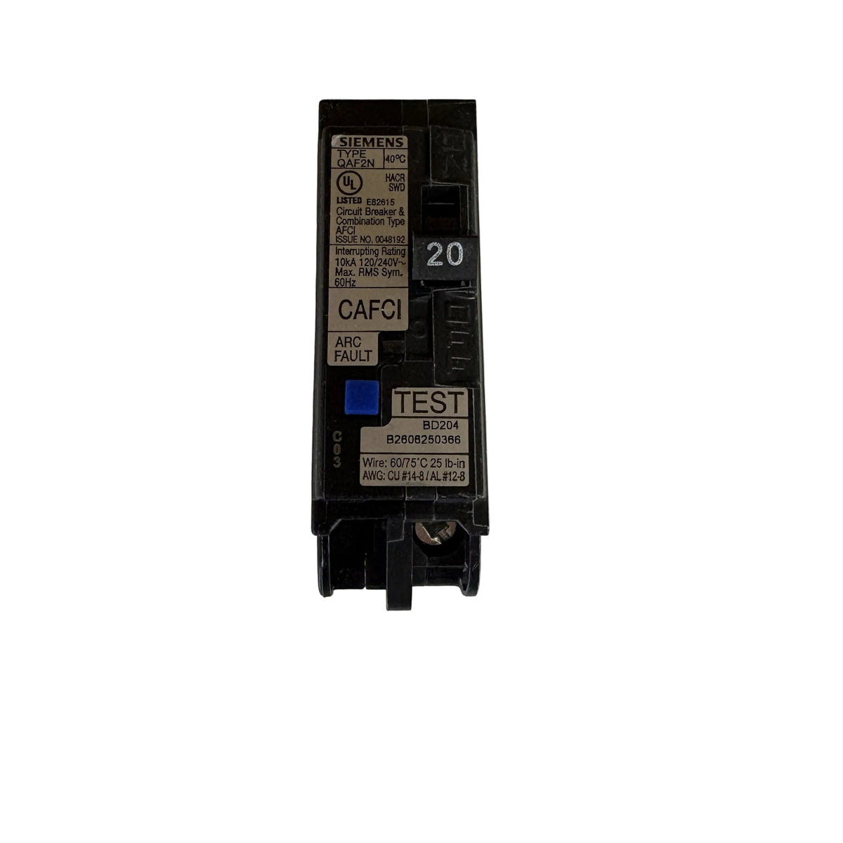 Siemens QA120AFCN 1-Pole 20 Amp Plug-In Neutral AFCI Circuit Breaker 120V - NEW
