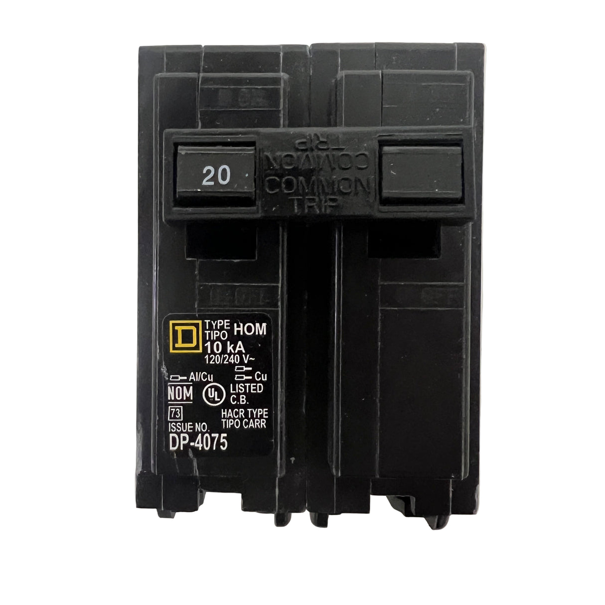 Square D Homeline HOM220 20-Amp two-pole plug-on circuit breaker showing faceplate details and amperage rating toggle
