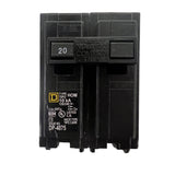 Square D Homeline HOM220 20-Amp two-pole plug-on circuit breaker showing faceplate details and amperage rating toggle
