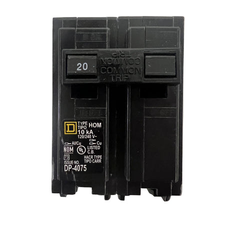 Square D Homeline HOM220 20-Amp two-pole plug-on circuit breaker showing faceplate details and amperage rating toggle
