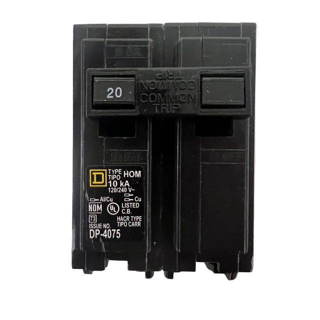 Square D Homeline HOM220 20-Amp two-pole plug-on circuit breaker showing faceplate details and amperage rating toggle
